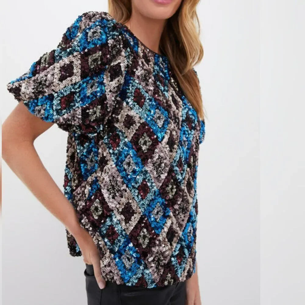 Nwt - Tuckernuck -‎ S - Pomander Place Multi Sequin Jada Blouse Blue
